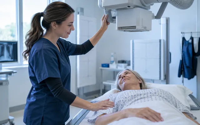 A radiology technologist positioning X-ray equipment over a smiling patient