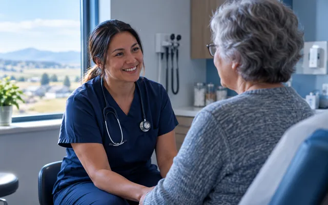 A nurse in navy scrubs smiling with an older patient in a clinic exam room