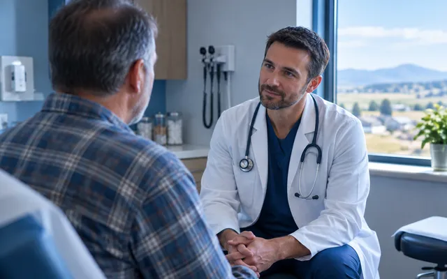 A physician in a white coat listening to a patient in a clinic exam room