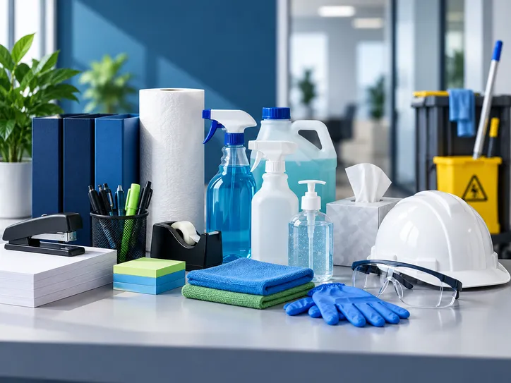 Office supplies, cleaning products, safety glasses, gloves, and a hard hat arranged on a desk
